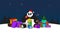 Hand drawn design of Panda as Santa with blocks, a lot of presents, new year\'s tree and many others decorations