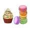 Hand drawn desserts - cupcake and stack of colorful macaroon cakes