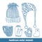 Hand drawn detailed winter items isolated on white background. Knitted winter hat, mug, cup, mittens, boots.Vector Illustration.