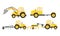 Hand drawn different types of yellow agricultural machinery for harvesting