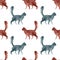 Hand drawn digital watercolor seamless pattern with walking cats. Stock illustration with colorful pets