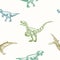 Hand Drawn Dinosaurs Vector Seamless Background Pattern. Tyrannosaurus, Velociraptor and Pterodactyl Colorful Sketches