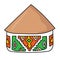 Hand drawn doodle african national hut. Ndebele tribal dwelling. Simple thatched roof and walls with ethnic patterns