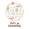 Hand Drawn Doodle Camping Objects. Set with Tourist Tent, Compas, Backpack and etc.