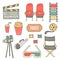 Hand drawn doodle cinema industry objects set