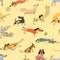 Hand drawn doodle cute dogs. Seamless pattern with plaing pets