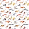 Hand drawn doodle cute dogs. Seamless pattern with plaing pets