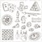 Hand drawn doodle Games set. Chess piece, casino roulette, cards, billiards.