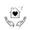 Hand drawn doodle hand holding house with love illustration icon isolated