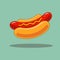 Hand drawn doodle hot dog with long appetizing Vienna sausage with mustard in the traditional bun on gray background with shadow