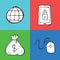 Hand drawn doodle icon objects. Internet world, unlocked smartphone, dollar money sack and mouse left click