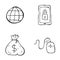 Hand drawn doodle icon objects. Internet world, unlocked smartphone, dollar money sack and mouse left click. Black outlines, white