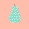 Hand drawn doodle kawaii pear with white and turquoise polka dot pattern on warm pink background. Kids room decoration poster