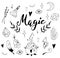 Hand drawn doodle magic set with witchcraft symbols. Vector doodles illustrations