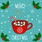 Hand Drawn Doodle Merry Christmas Card. Lettering. Red Mug with Hot Chocolate Cocoa Marshmallows Candy Cane Stick White Snowflakes