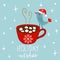 Hand Drawn Doodle Merry Christmas Card. Red Mug with Hot Chocolate Cocoa Marshmallows Kawaii Bird in Santa Claus Hat