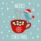 Hand Drawn Doodle Merry Christmas Card. Red Mug with Hot Chocolate Cocoa Marshmallows Kawaii Bird in Santa Claus Hat. White Stars