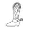 Hand drawn doodle with outline of retro cowboy boots with traditional pattern and star spur. Vector decorated cowgirl