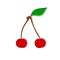 Hand drawn doodle red ripe cherries on stem with green leaf with offset color fill in retro style. Healthy diet summer berries