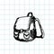 Hand drawn doodle schoolbag. Black pen outline, notebook background. Pupil, student, school, education.