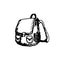 Hand drawn doodle schoolbag. Black pen outline,white background. Pupil, student, school, education.