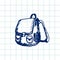 Hand drawn doodle schoolbag. Blue pen outline, notebook background. Pupil, student, school, education.