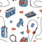 Hand drawn doodle seamless pattern with teen elements . Retro audio player, cassette, headphones, roller skates, backpack
