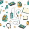 Hand drawn doodle seamless pattern with teen elements . Retro audio player, cassette, headphones, roller skates, backpack in carto