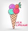 Hand drawn doodle sketch of colorful ice creams horn, waffle cone, strawberry. Summer sweet illustration isolated on a white