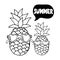 Hand drawn doodle sketch of two pineapples in different sunglasses. Speech bubble with lettering Summer. Holiday vacation