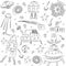 Hand Drawn Doodle Spaceships, Rockets, Falling Stars, Planets and Comets . Sketch Style.