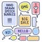 Hand drawn doodle speech bubbles set with accentuation, filled with paint strokes and example texts Big sale, Hello, Hi, love you
