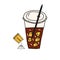 Hand drawn doodle vector illustration of iced coffee with cubes of ice in a plastic to go cup with a straw. Isolated on