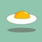 Hand drawn doodle vector illustration of sunny side up fried egg with yellow yoke shadow levitating on turquoise background