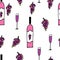 Hand drawn doodle vector seamless pattern with wine glasses, bottles and grapes