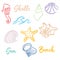 Hand drawn doodle watercolor Seashells and Sea elements set