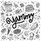 Hand drawn doodle yammy, baking, dishes and kitchenware.