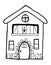 Hand drawn doodles cartoon house with cute door decor. Black and white bulding line art vector illustration