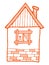 Hand drawn doodles cartoon house with cute window decor. Orange bulding vector illustration