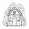 Hand drawn doodles cartoon house in the village. Black and white cute bulding line art vector illustration