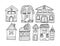 Hand drawn doodles cartoon houses set with cute door decor. Black and white bulding line art vector illustration