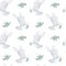 Hand drawn dove peace with olive branch and leaves seamless pattern Watercolor illustration on white background