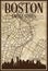 Hand-drawn downtown streets network printout map of BOSTON, UNITED STATES OF AMERICA