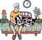 Hand Drawn Elderly man sitting with Dalmatian Dog illustration in doodle style