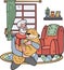 Hand Drawn Elderly man sitting with Shiba Inu Dog illustration in doodle style