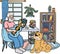 Hand Drawn Elderly playing guitar with dog illustration in doodle style