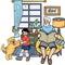 Hand Drawn Elderly reading a book with a dog illustration in doodle style