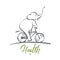 Hand drawn elephant riding bicycle with lettering