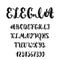 Hand drawn english lettering alphabet Elegia with examples of this font. Modern ink brush handwritten letters isolated on the whit