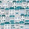 Hand drawn European city houses seamless pattern. Cute cartoon style vector illustration. Colorful Modern townhouse building sketc